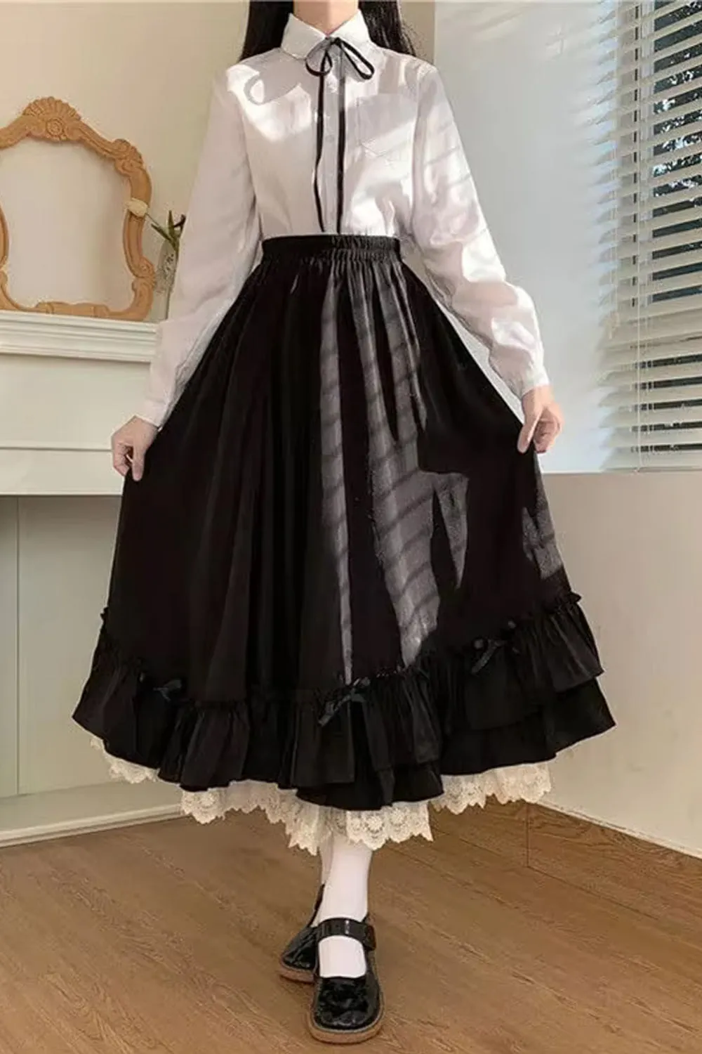 High Waist A-Line Ankle Length Ruffles Pleated Skirts