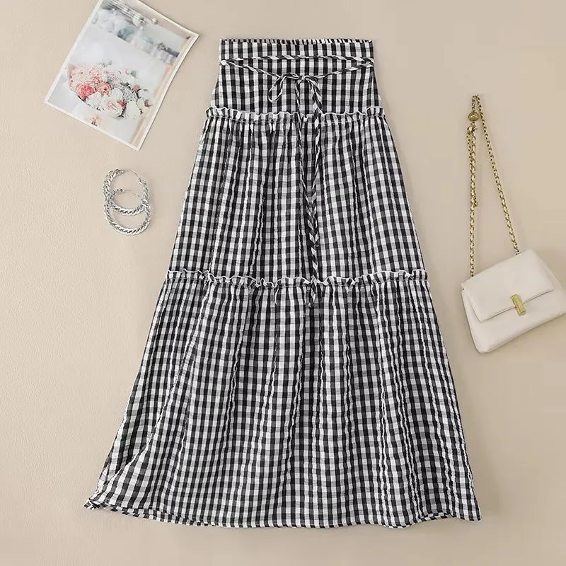 High Waist Lace Ruffled Plaid Maxi Skirts