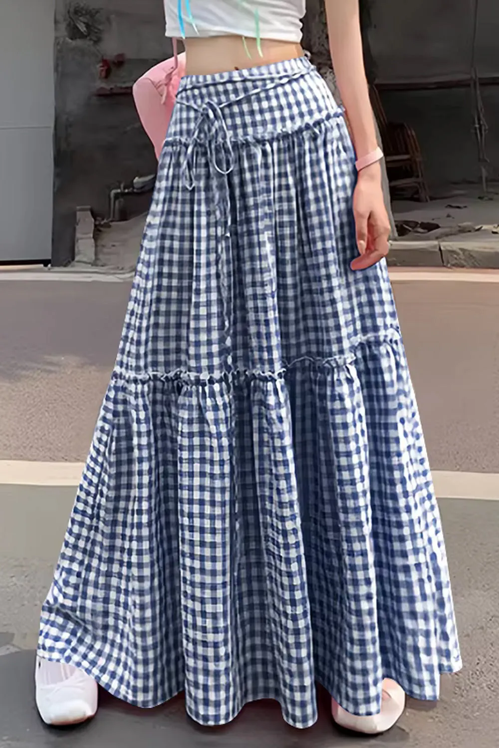 High Waist Lace Ruffled Plaid Maxi Skirts