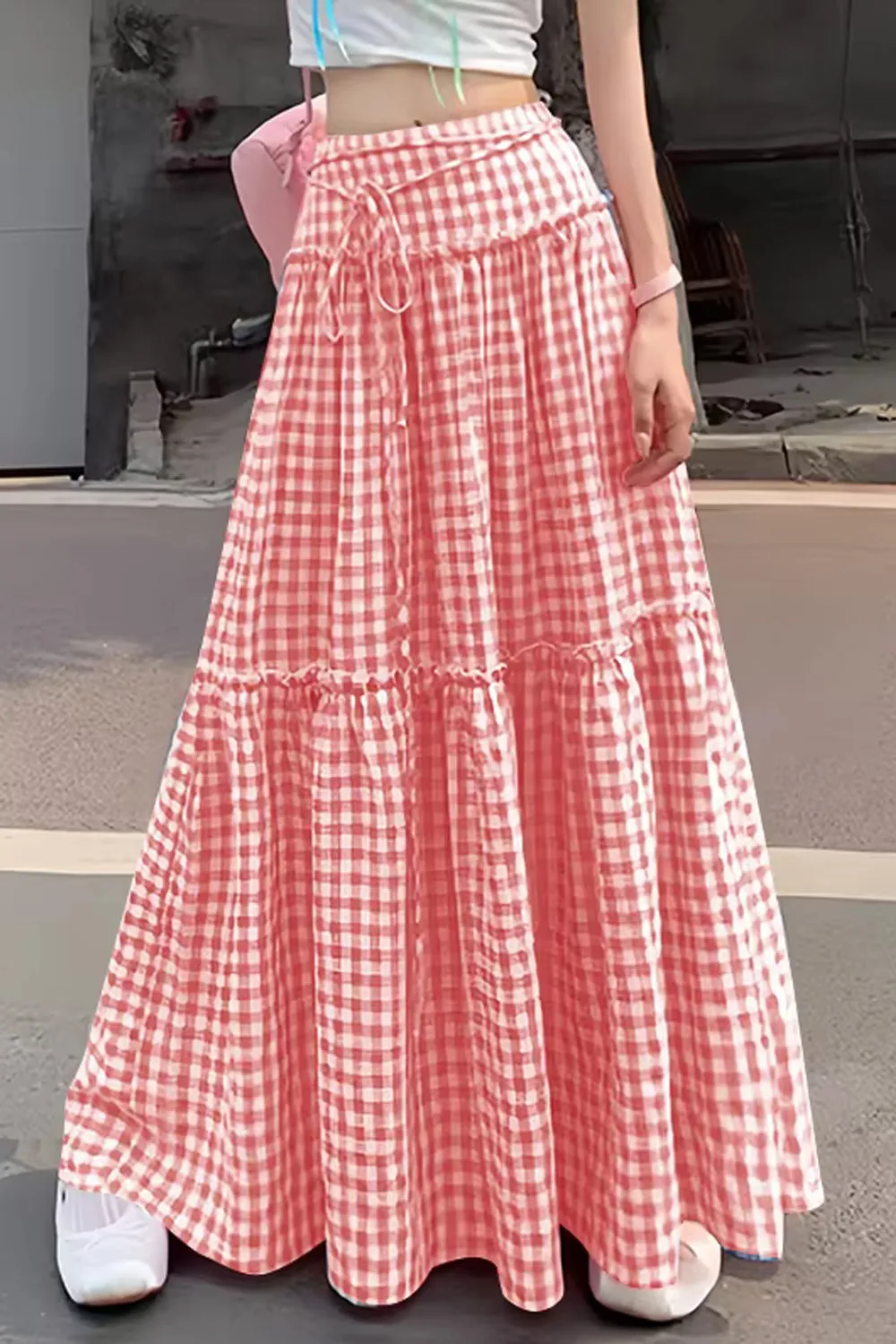 High Waist Lace Ruffled Plaid Maxi Skirts