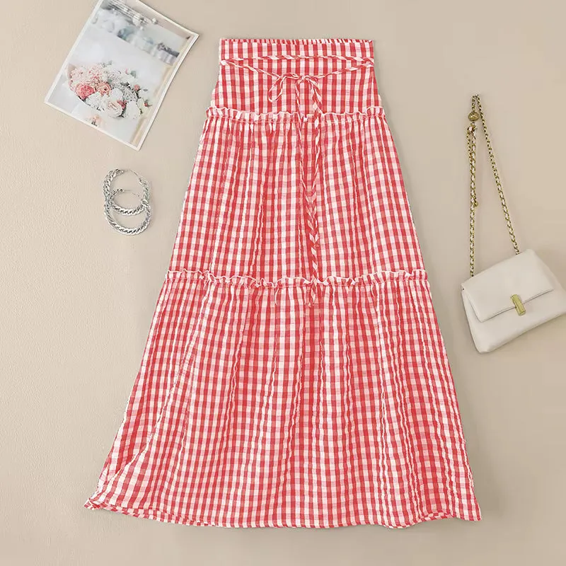 High Waist Lace Ruffled Plaid Maxi Skirts
