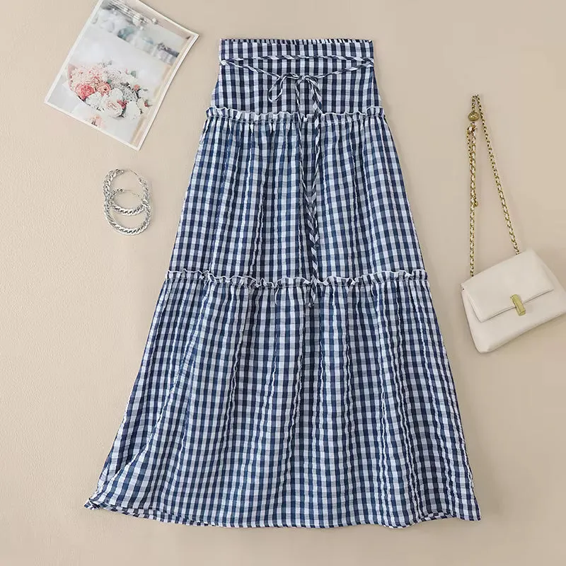 High Waist Lace Ruffled Plaid Maxi Skirts