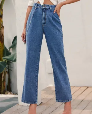 High-Waisted Chain-Straight Denim Trousers - Blue