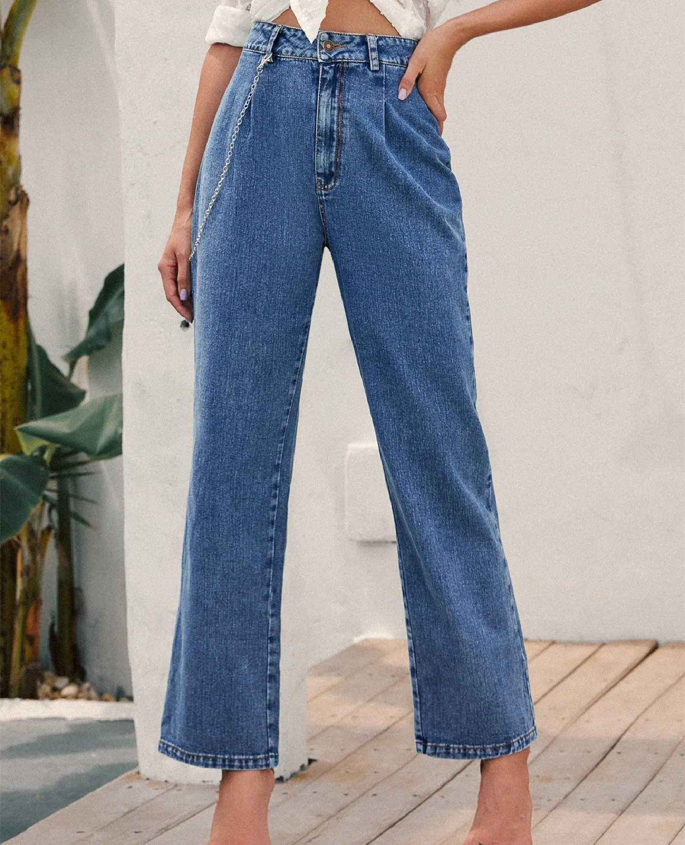 High-Waisted Chain-Straight Denim Trousers - Blue