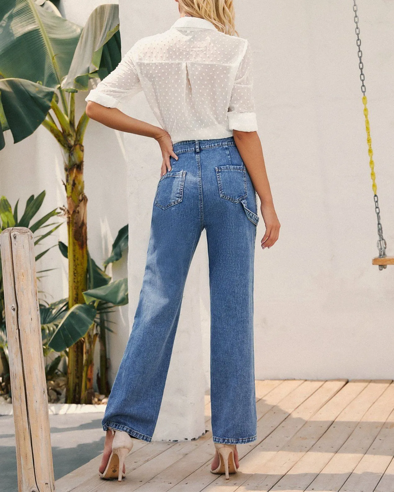 High-Waisted Chain-Straight Denim Trousers - Blue