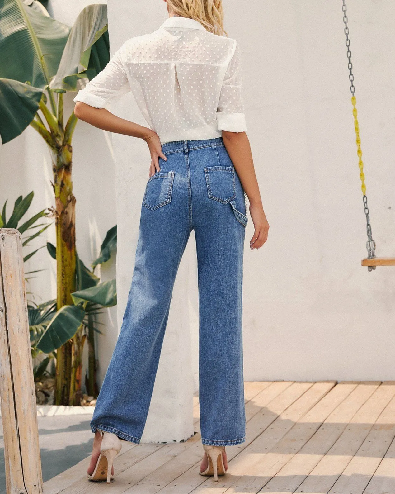 High-Waisted Chain-Straight Denim Trousers - Blue