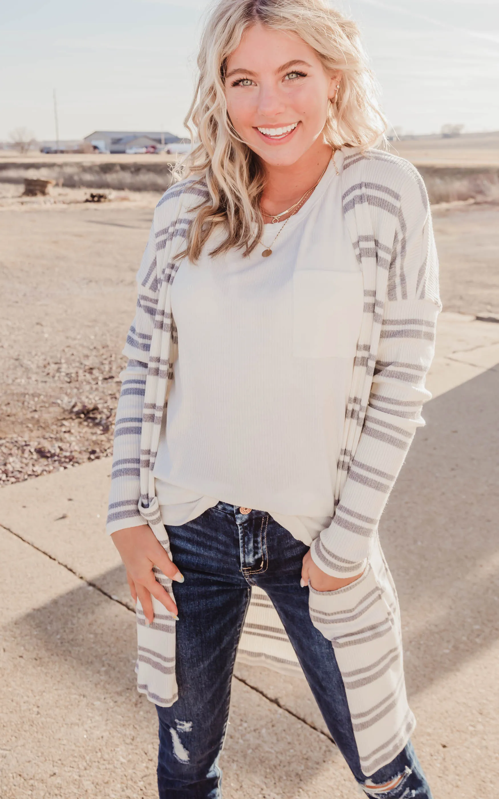 Ivory & Grey Striped Knit Cardigan