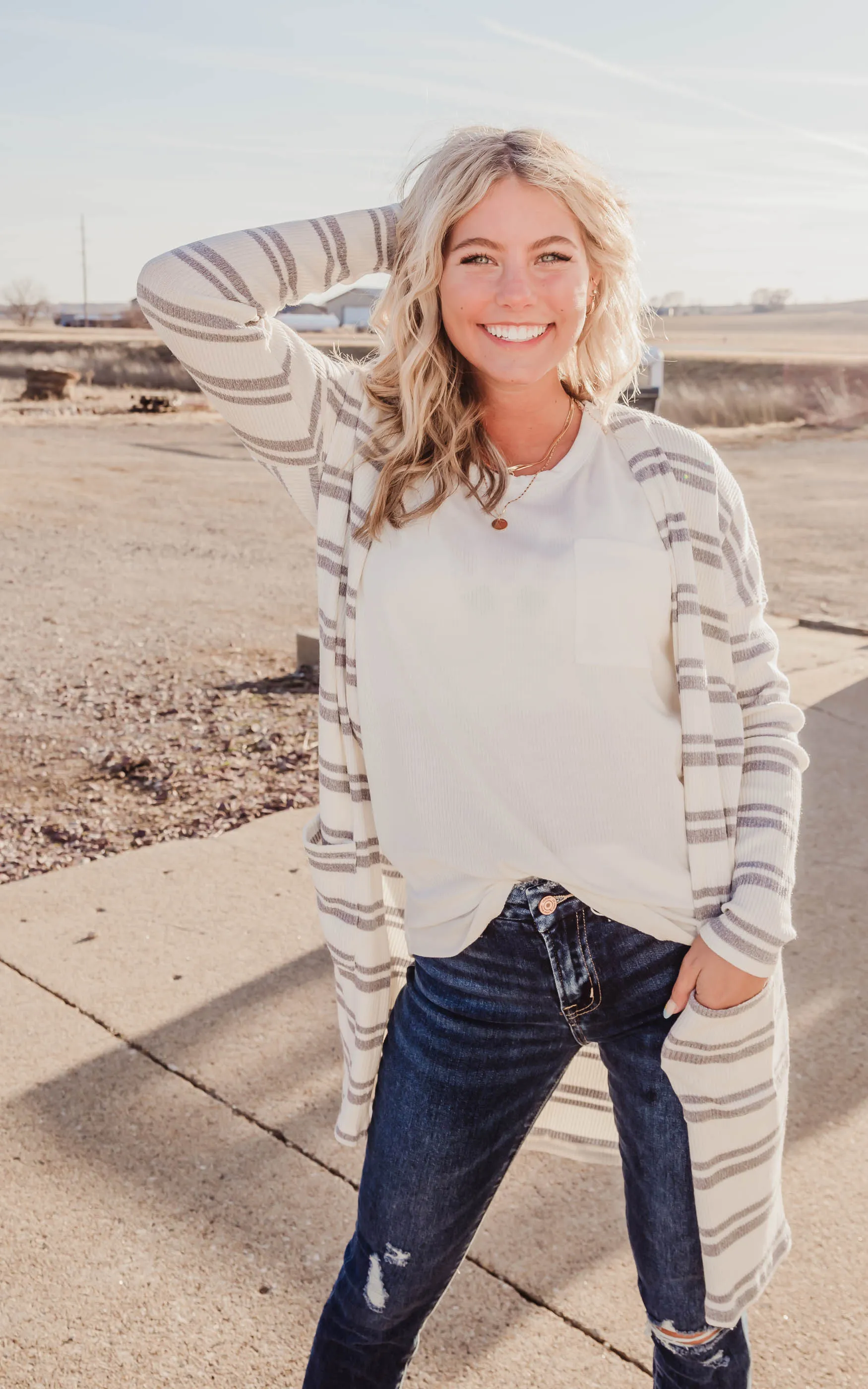 Ivory & Grey Striped Knit Cardigan