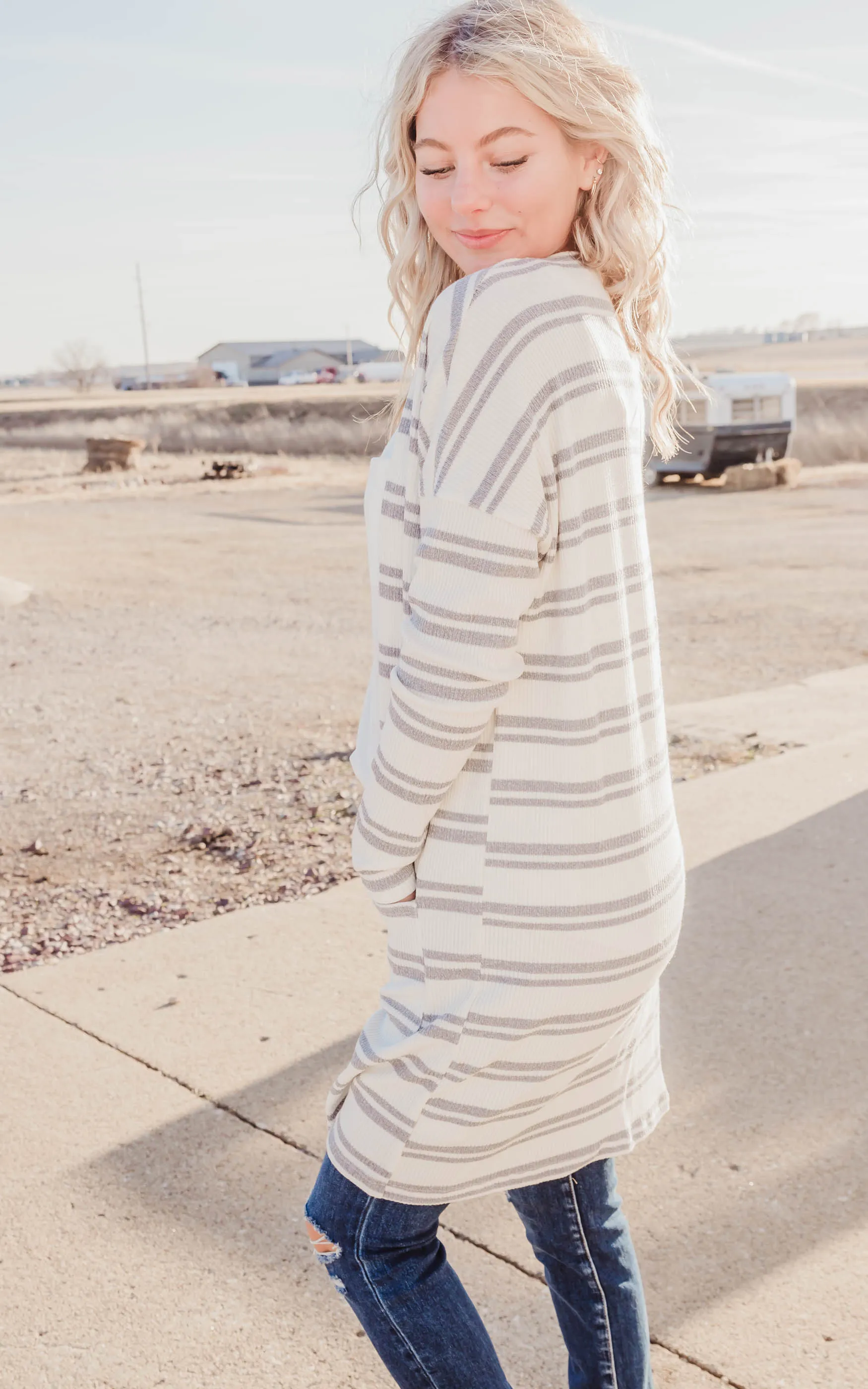 Ivory & Grey Striped Knit Cardigan
