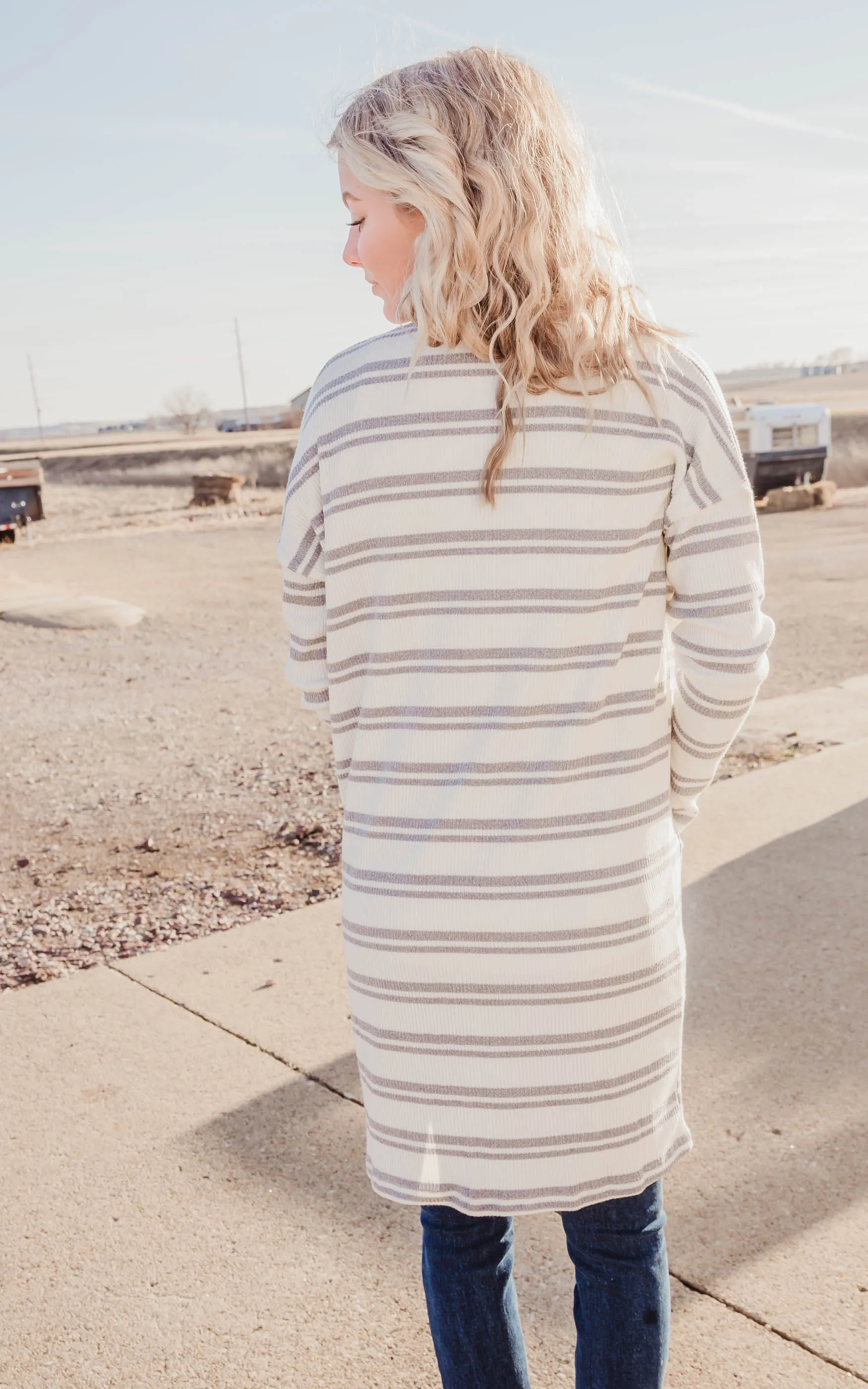 Ivory & Grey Striped Knit Cardigan