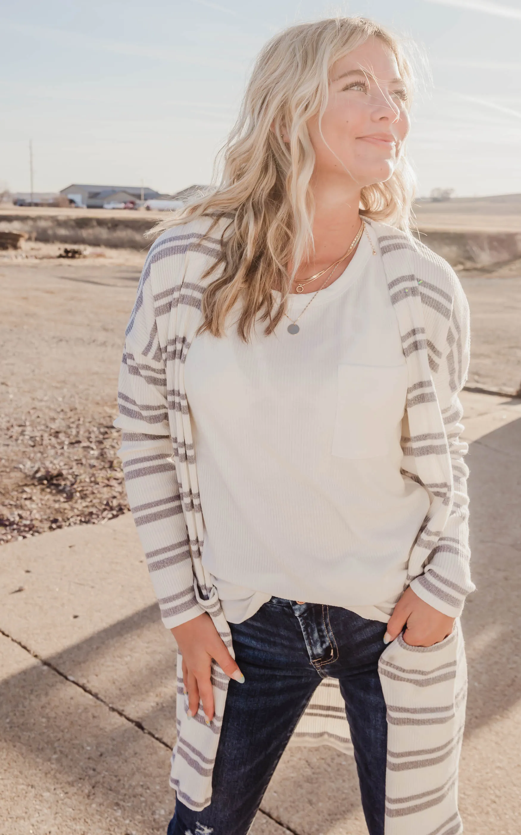 Ivory & Grey Striped Knit Cardigan
