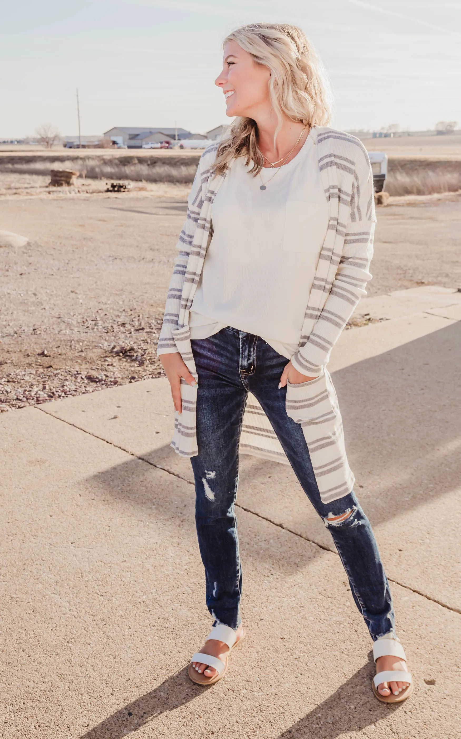 Ivory & Grey Striped Knit Cardigan
