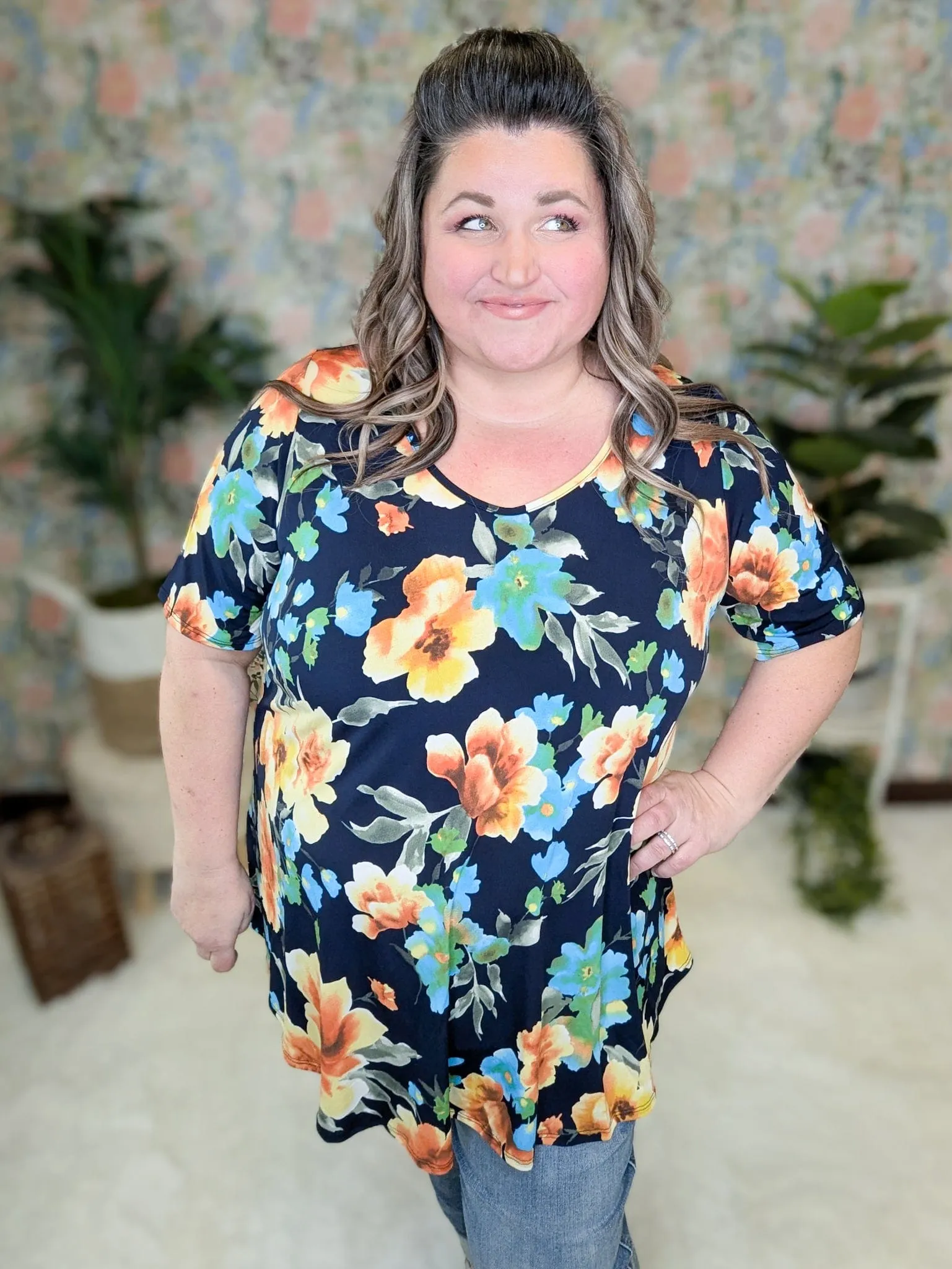 Jennifer Navy Floral Scoopneck Top