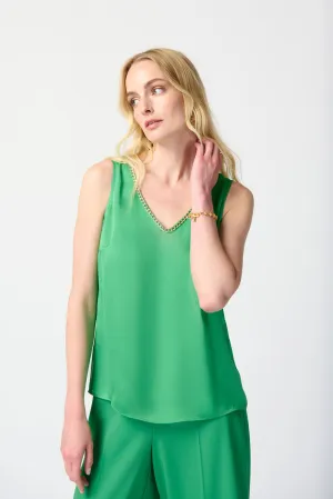 Joseph Ribkoff Island Green Chain Detail Satin V-Neck Sleeveless Cami Top 241928