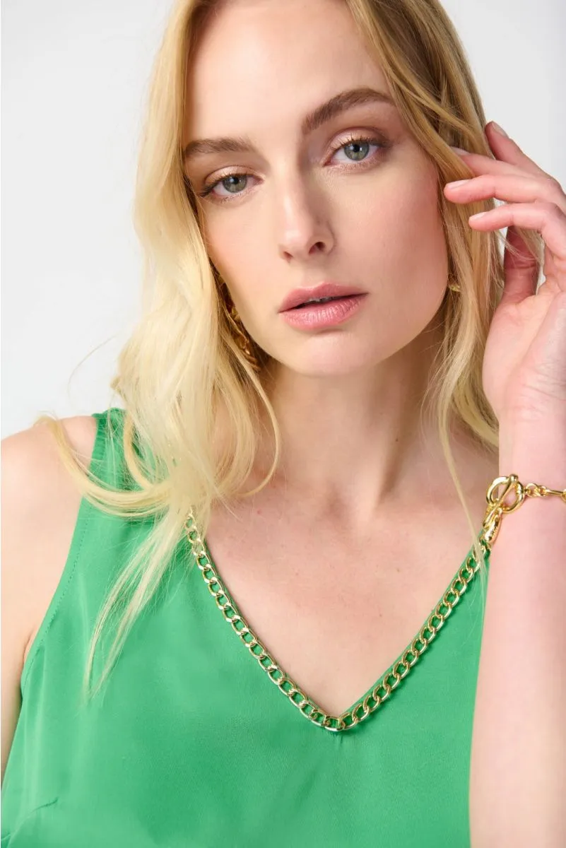 Joseph Ribkoff Island Green Chain Detail Satin V-Neck Sleeveless Cami Top 241928