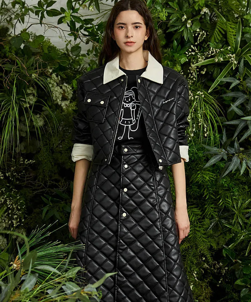 KANDINI Eco Leather Quilting Padded Jacket - Black