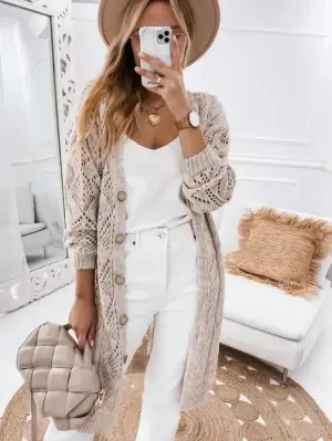 Khaki Openwork Knit Cardigan Sweater