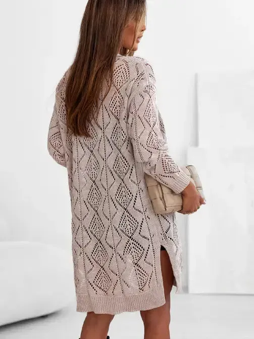 Khaki Openwork Knit Cardigan Sweater