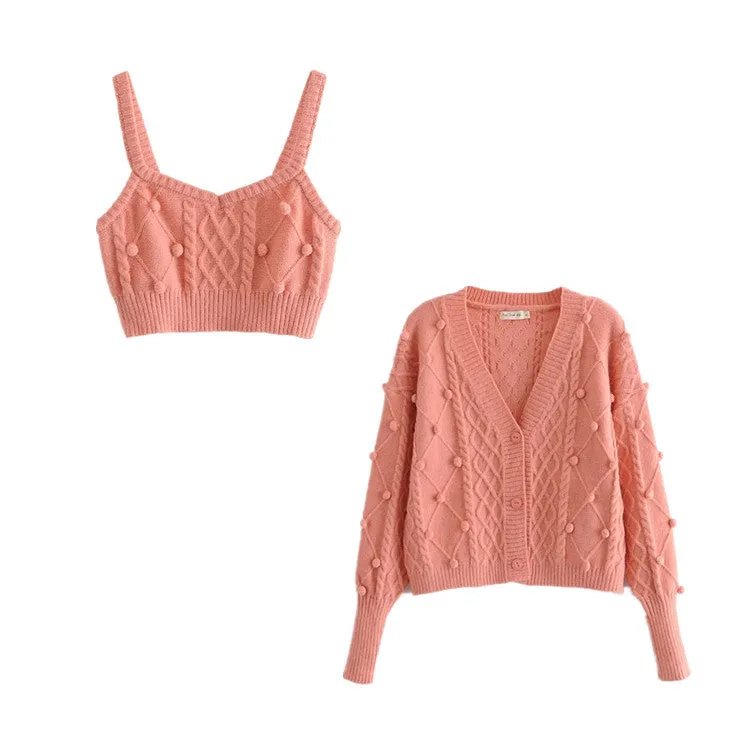 Knit Single-breasted Cardigans Cami Tops Two-piece