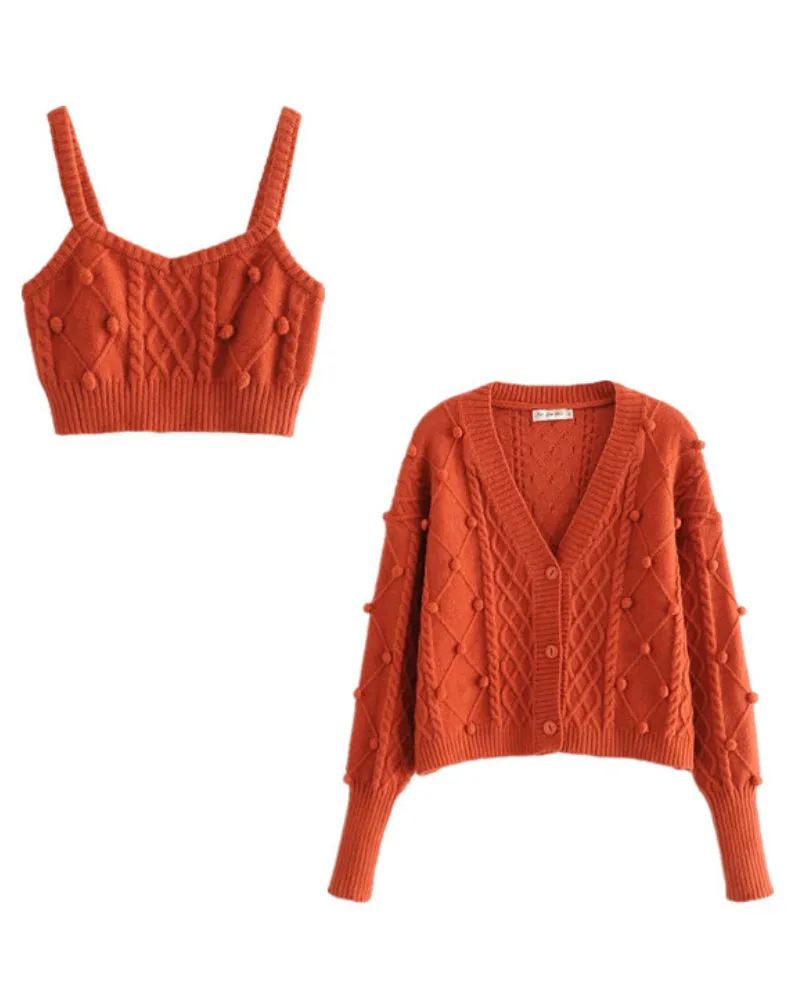 Knit Single-breasted Cardigans Cami Tops Two-piece