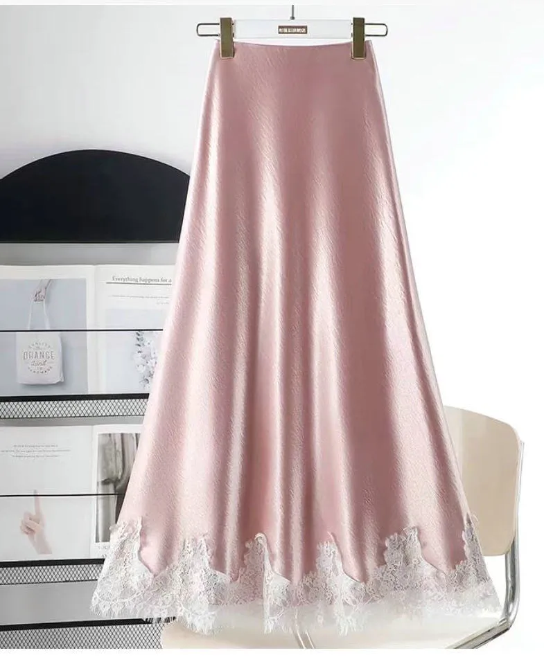 Lace Stitching Silk Draping Glossy A line Midi Skirt