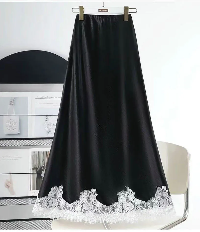 Lace Stitching Silk Draping Glossy A line Midi Skirt