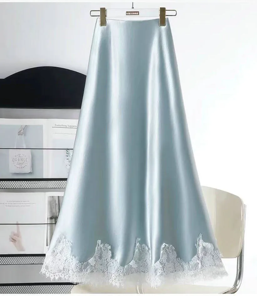 Lace Stitching Silk Draping Glossy A line Midi Skirt