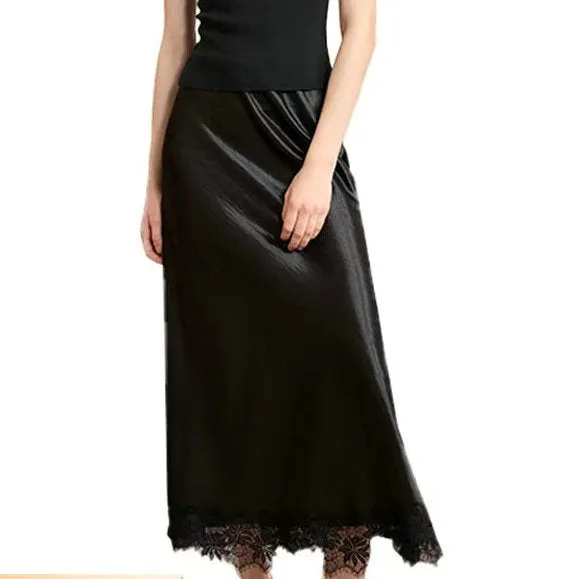 Lace Stitching Silk Draping Glossy A line Midi Skirt