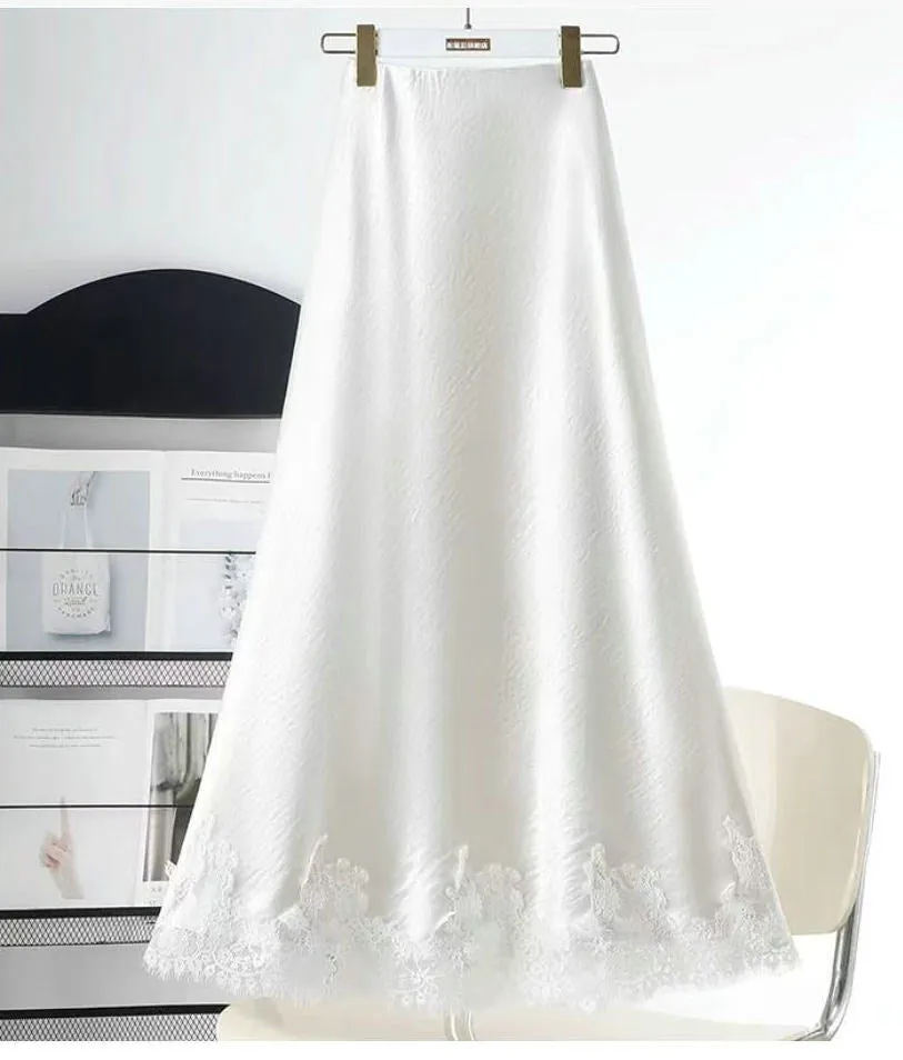 Lace Stitching Silk Draping Glossy A line Midi Skirt