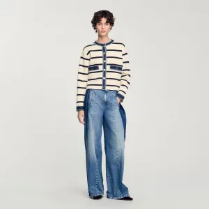 Letouquet Stripy Cardigan With Denim Details Ecru