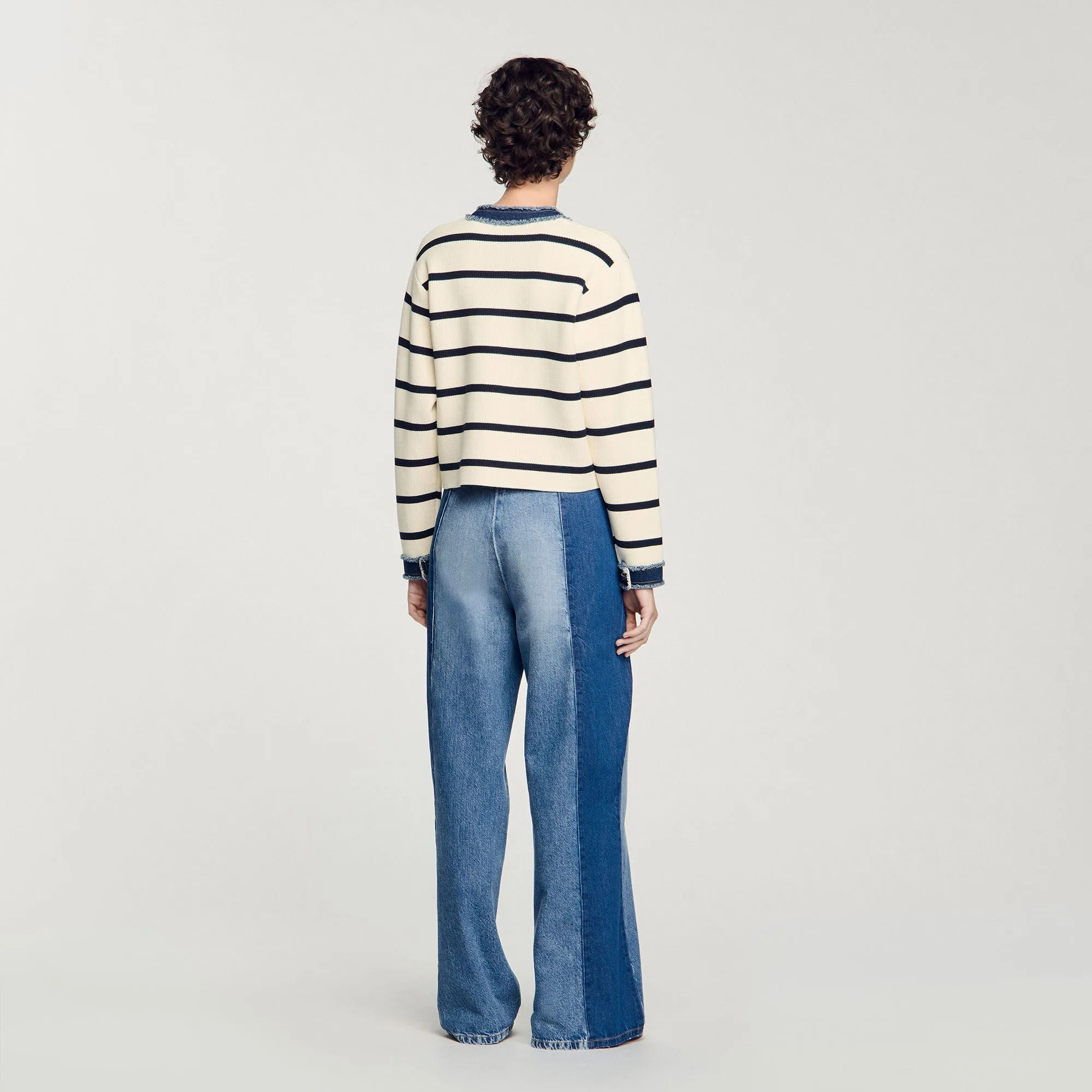 Letouquet Stripy Cardigan With Denim Details Ecru