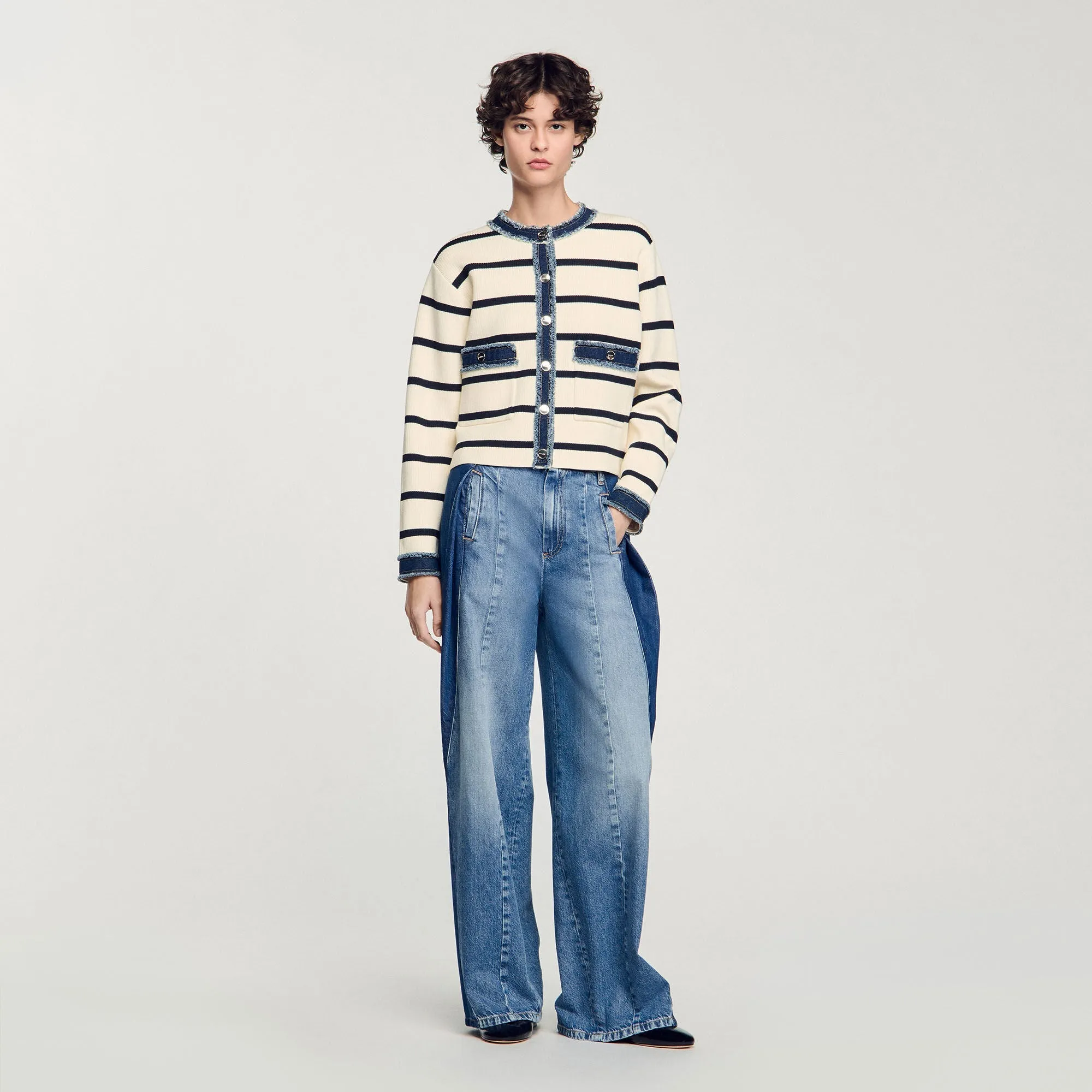 Letouquet Stripy Cardigan With Denim Details Ecru