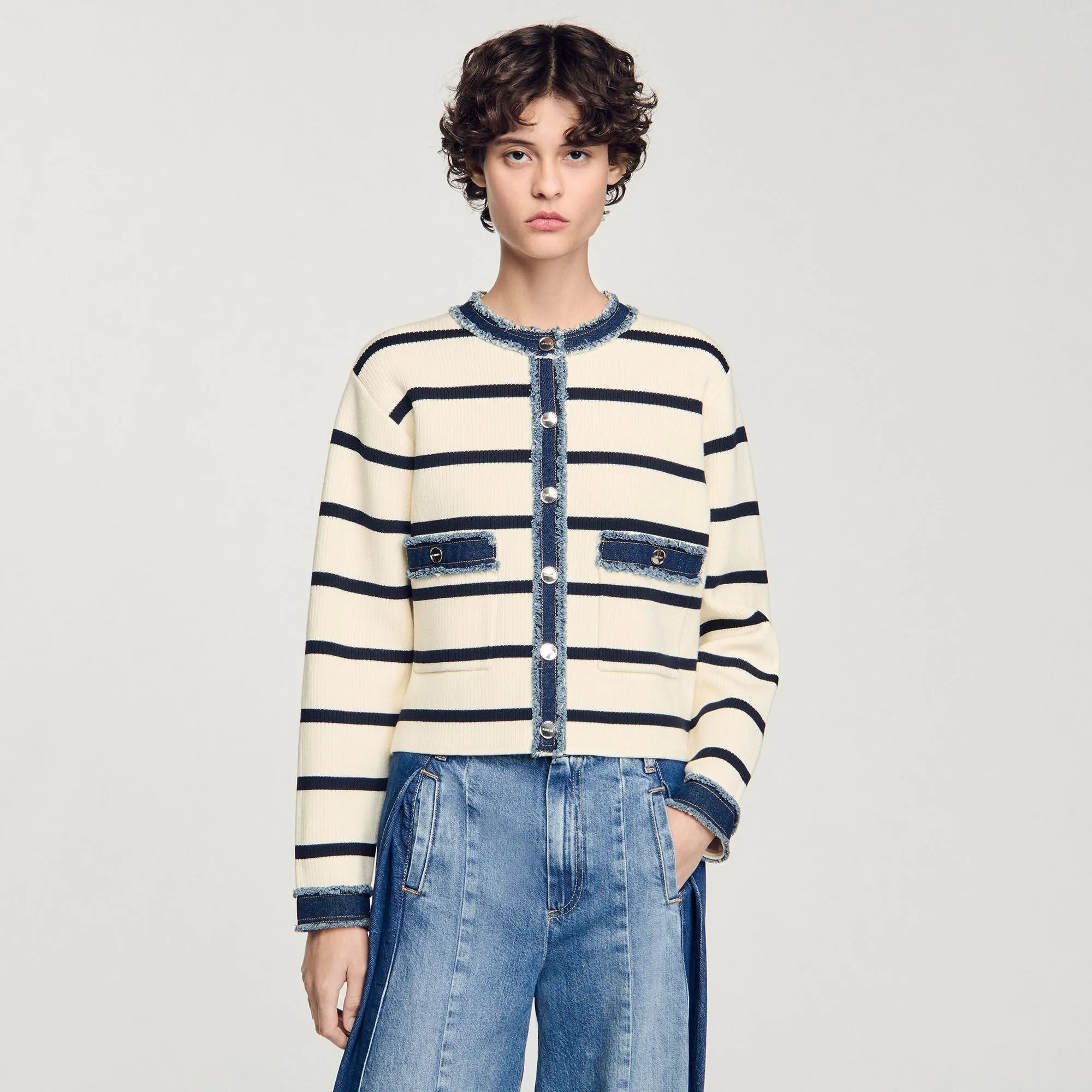 Letouquet Stripy Cardigan With Denim Details Ecru