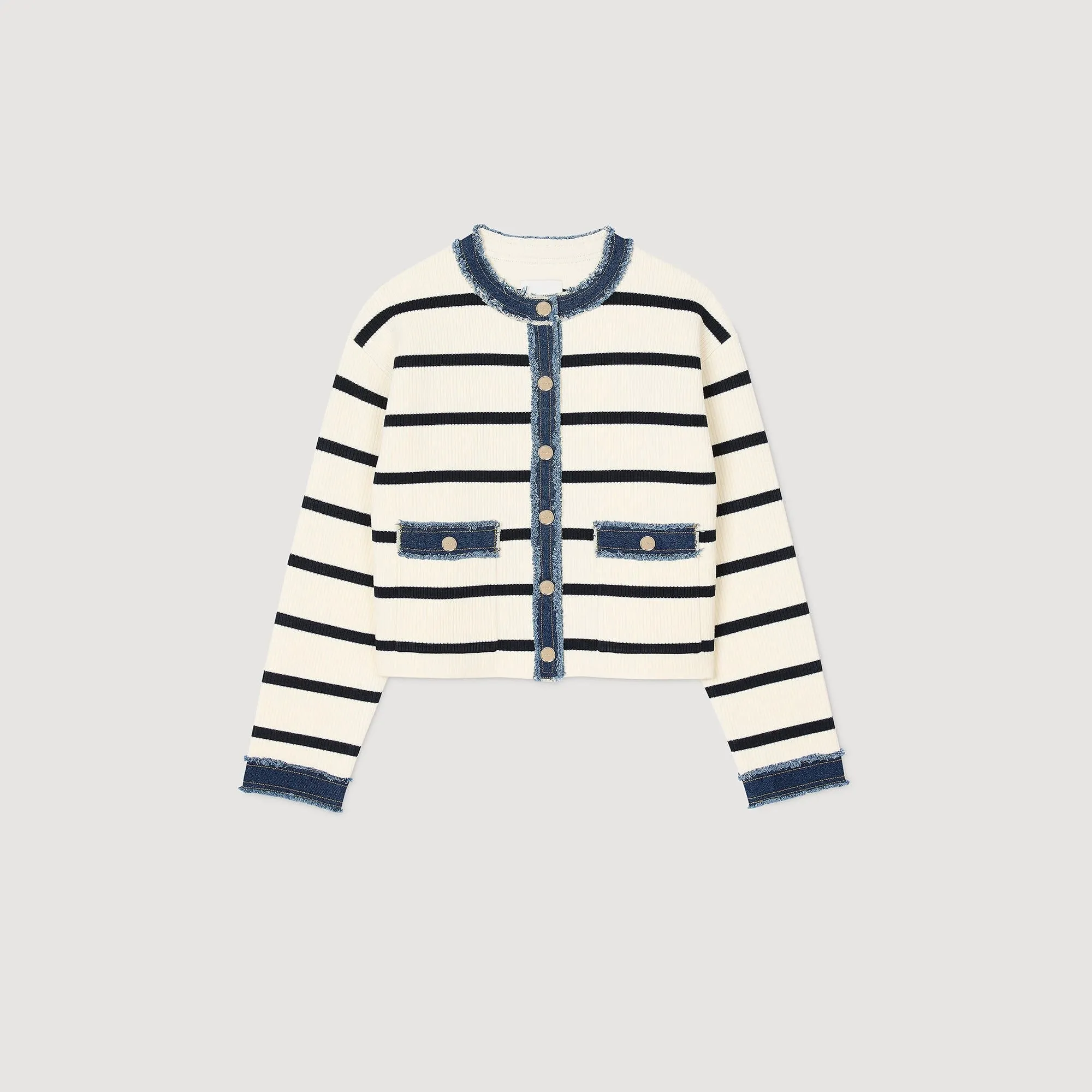 Letouquet Stripy Cardigan With Denim Details Ecru