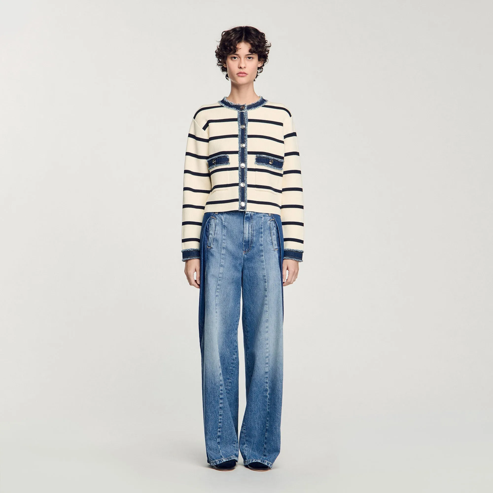 Letouquet Stripy Cardigan With Denim Details Ecru