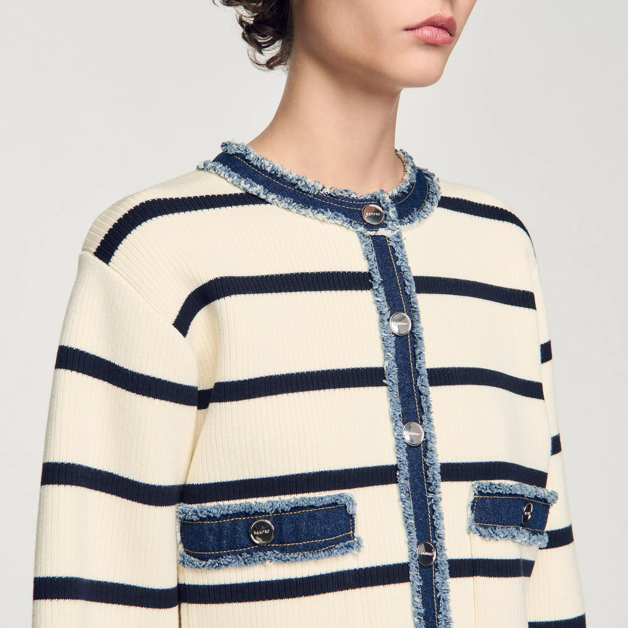 Letouquet Stripy Cardigan With Denim Details Ecru