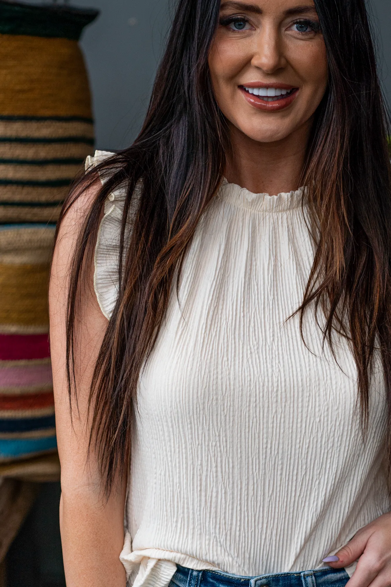 Lisa Sleeveless Ruffle Neck Top