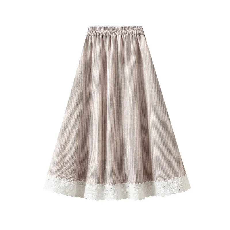 Loose Casual Elastic Waist Midi Lace Plaid Skirt