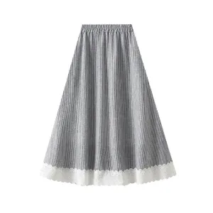 Loose Casual Elastic Waist Midi Lace Plaid Skirt