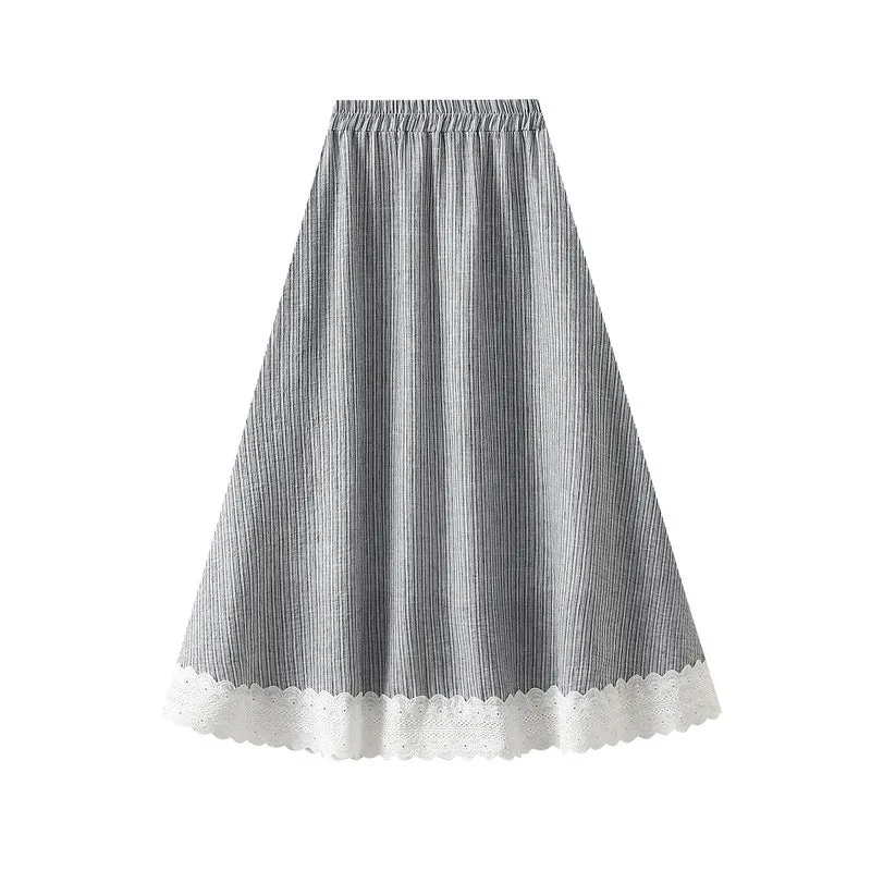 Loose Casual Elastic Waist Midi Lace Plaid Skirt
