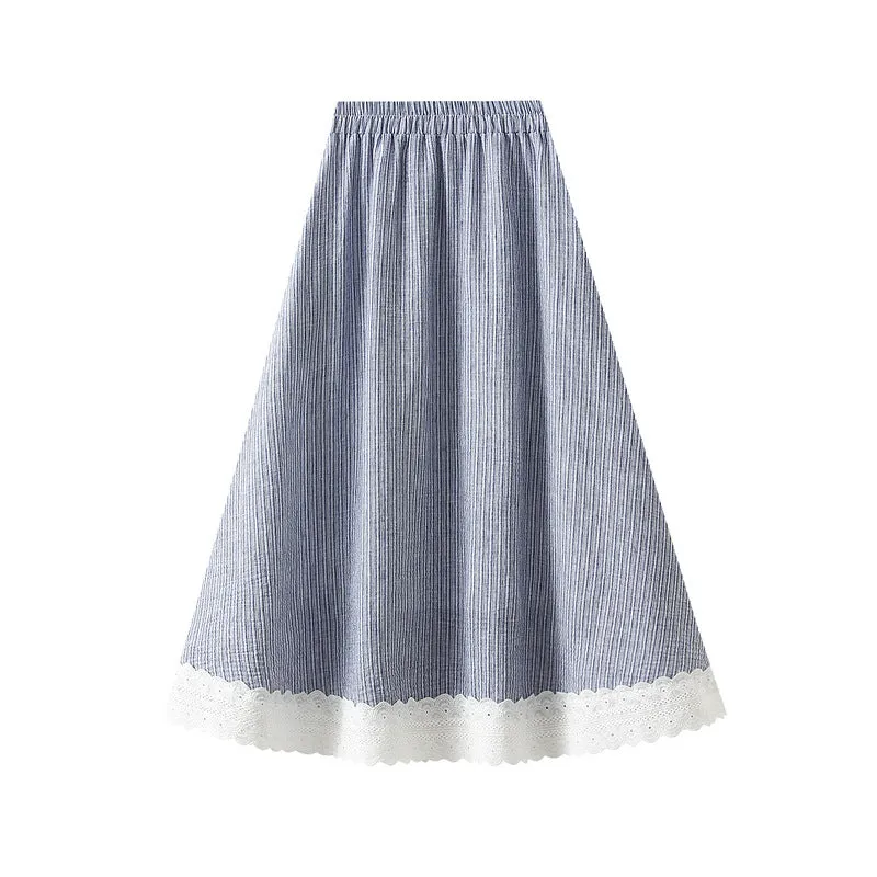 Loose Casual Elastic Waist Midi Lace Plaid Skirt