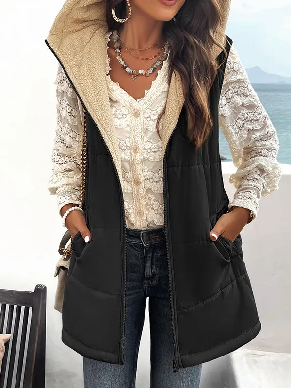 Loose Sleeveless Pockets Quilted Reversible Zipper Hooded Padded Vest Vest Outerwear