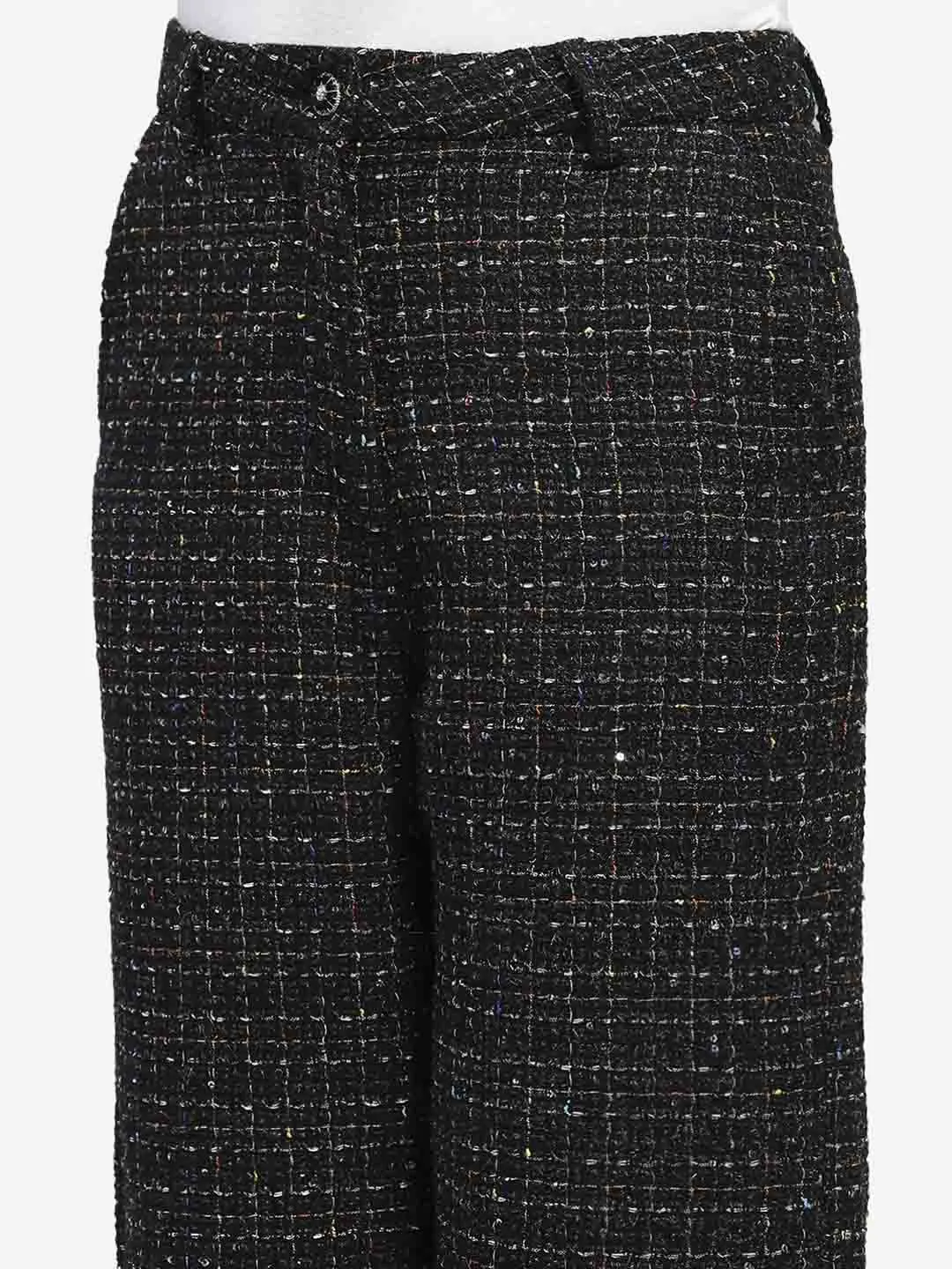 Madame Shanaya Kapoor Black Embellished Button Straight Fit Tweed Trousers