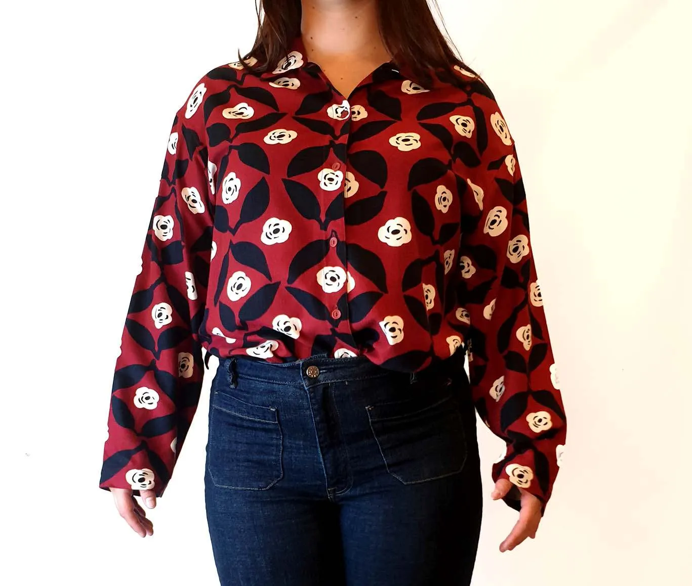 Marimekko x Uniqlo red print long sleeve shirt size L