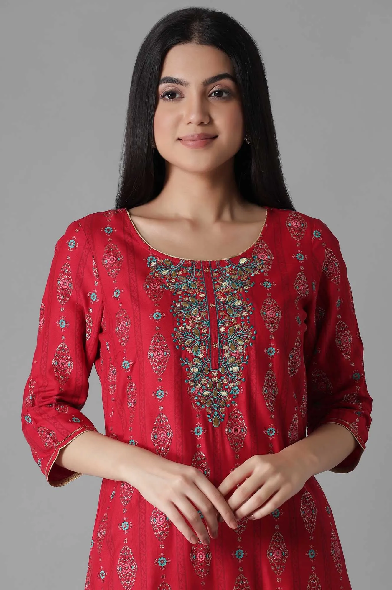 Maroon Embroidered Mughal Print A line kurta Trousers Set