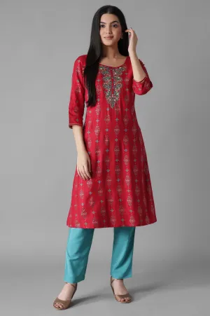 Maroon Embroidered Mughal Print A line kurta Trousers Set