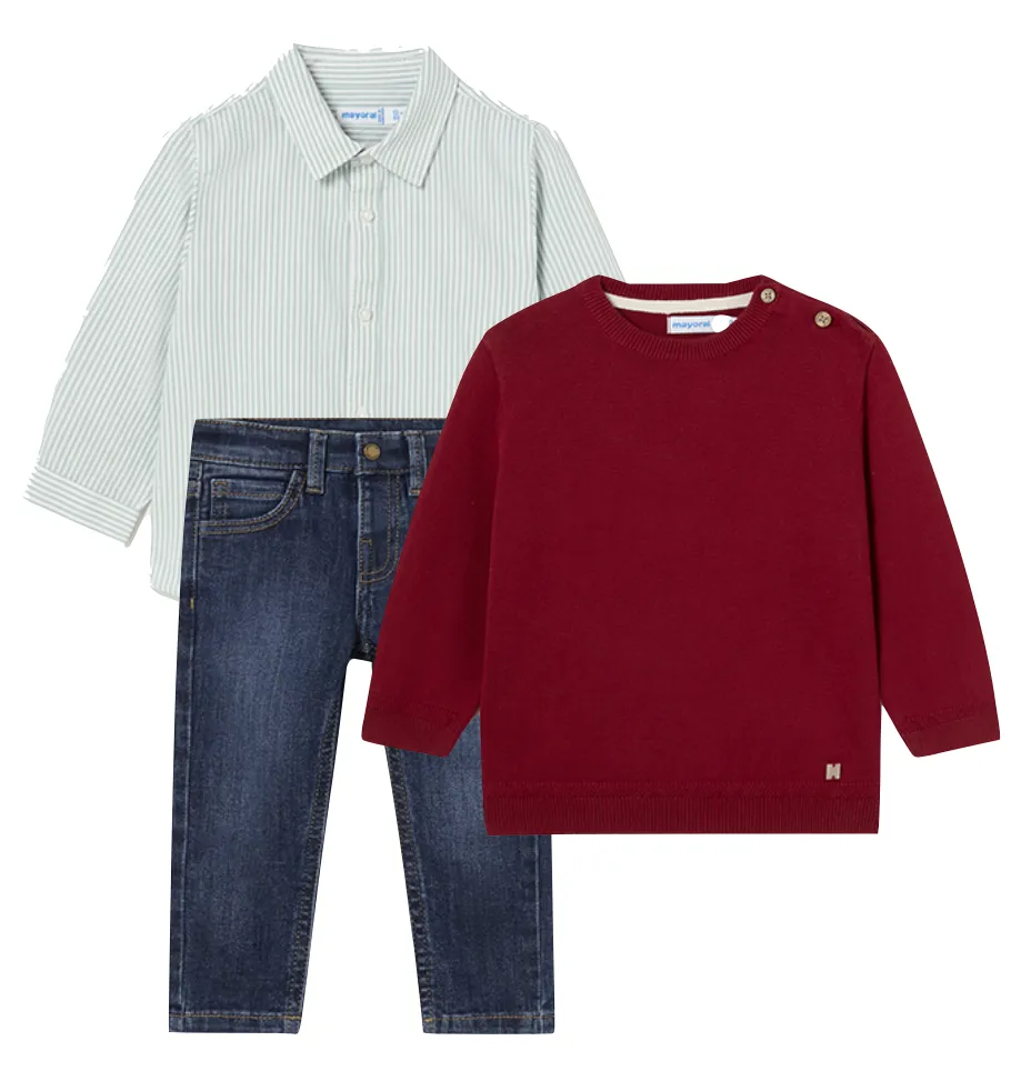 Mayoral 124 Blue Stripe Shirt, 309 Cherry Jumper and 510 Dark Slim Fit Trousers In Stock Now