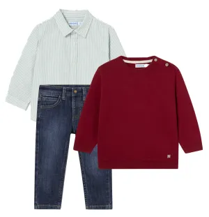 Mayoral 124 Blue Stripe Shirt, 309 Cherry Jumper and 510 Dark Slim Fit Trousers In Stock Now
