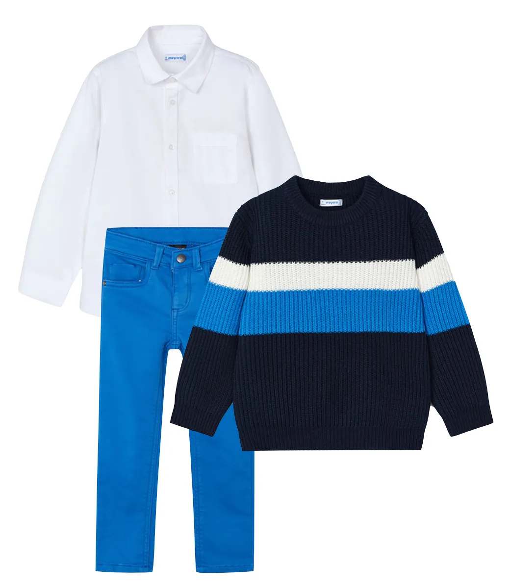 Mayoral 146 White Long Sleeve Shirt, 4335 Blue Stripe Jumper and 4539 Blue Soft Slim Fit Trousers In Stock Now