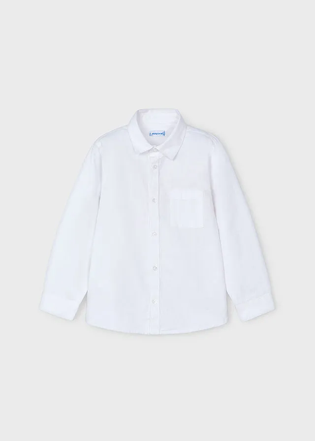 Mayoral 146 White Long Sleeve Shirt, 4335 Blue Stripe Jumper and 4539 Blue Soft Slim Fit Trousers In Stock Now